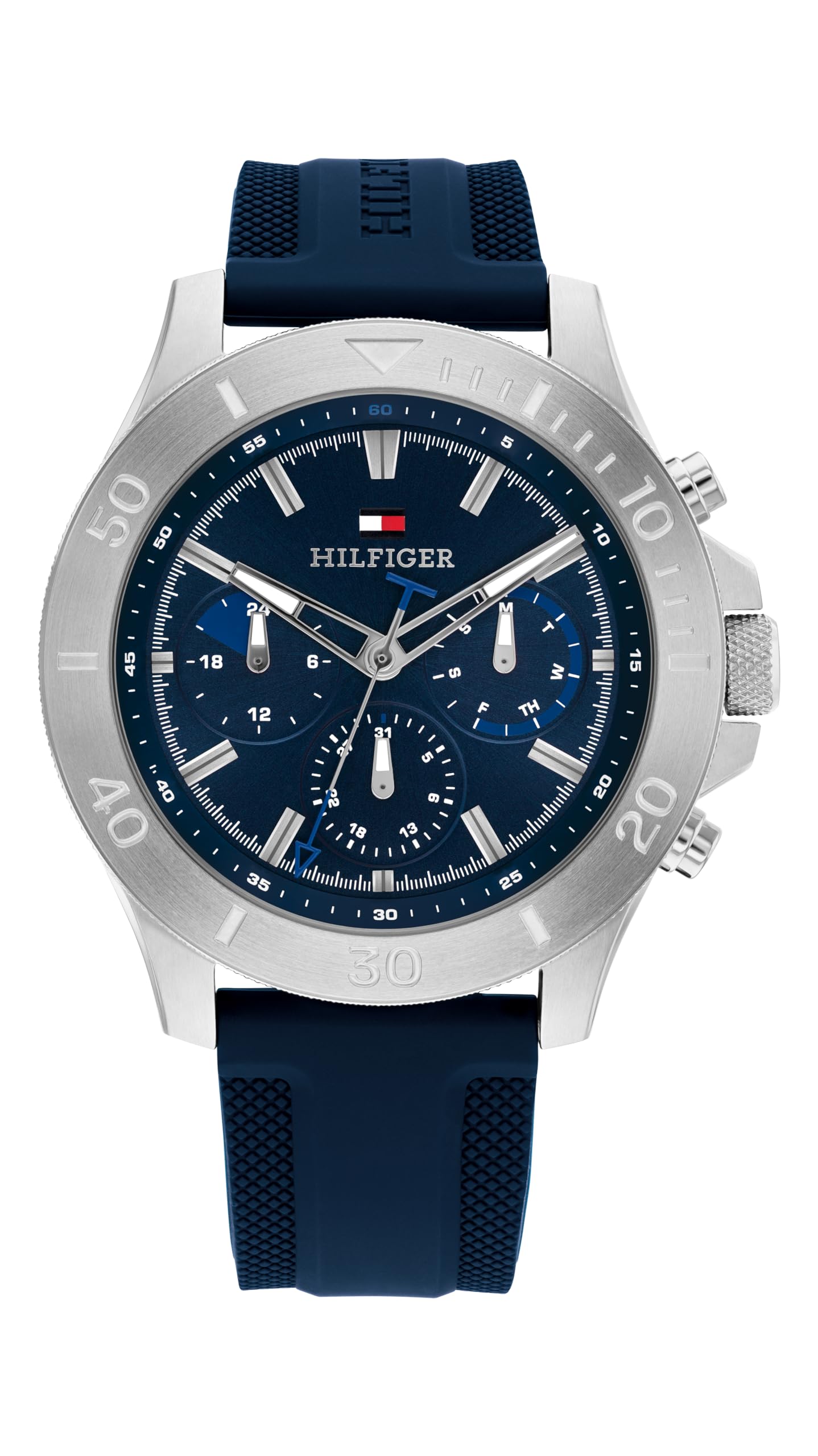 Tommy Hilfiger Men's Multifuction Stainless Steel & Navy Blue Silicone Strap Blue Dial Analog Watch