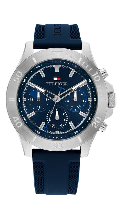 Tommy Hilfiger Men's Multifuction Stainless Steel & Navy Blue Silicone Strap Blue Dial Analog Watch