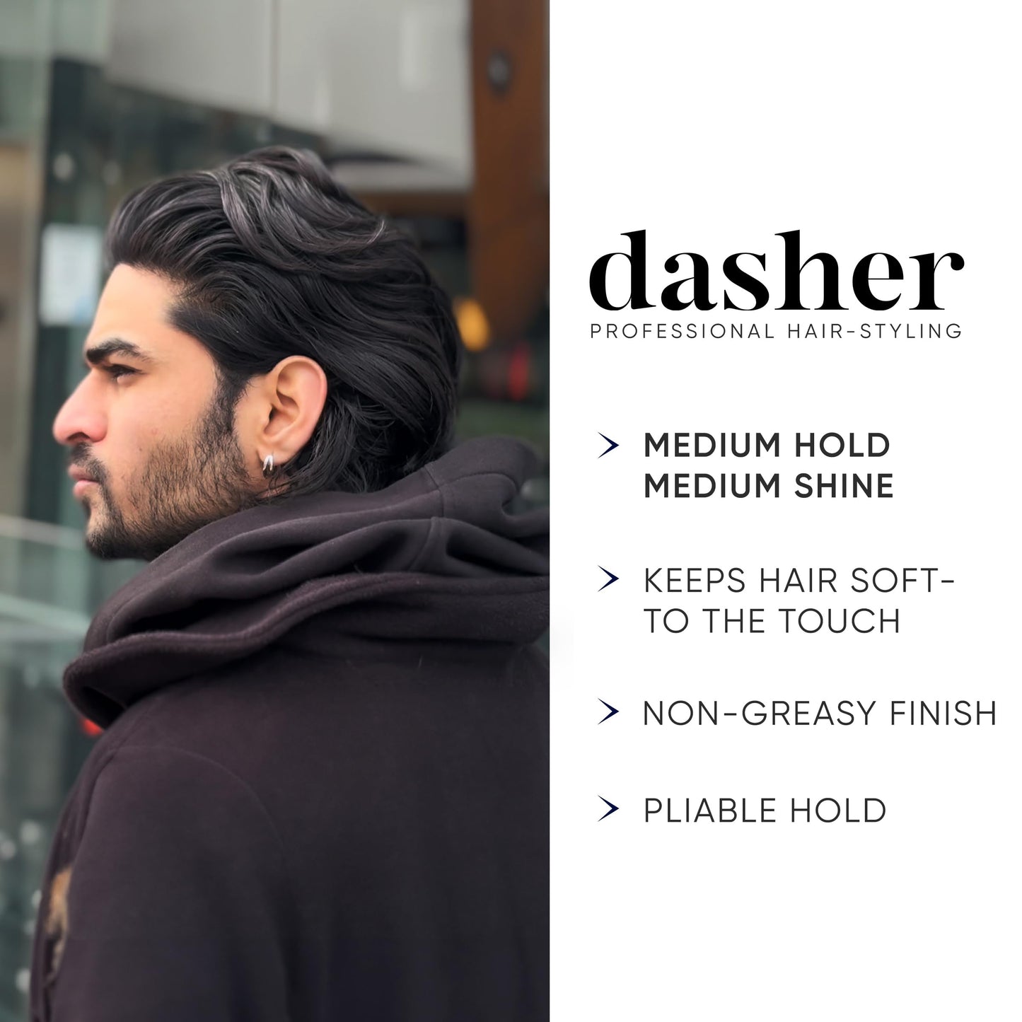 Dasher Cream Pomade For Men's Hair, Medium Hold & Medium Shine Puck, Pliable Hold & Water-Based, Texturizes Hair, With Avocado Oil & Biotin (100g)