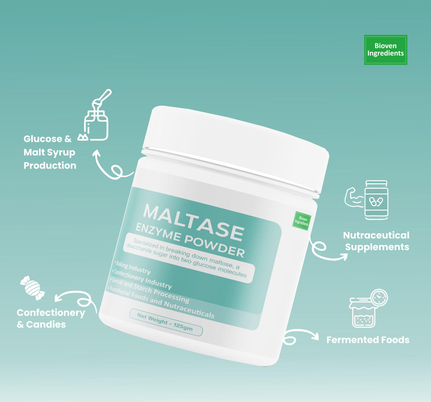 Bioven Ingredients Maltase Enzyme Powder, Non-GMO, Dietary Supplements/Food and Beverages, Broad pH Range of Activity, Excellent Thermostability, Hydrolyse Glucans, No Filters/Binder