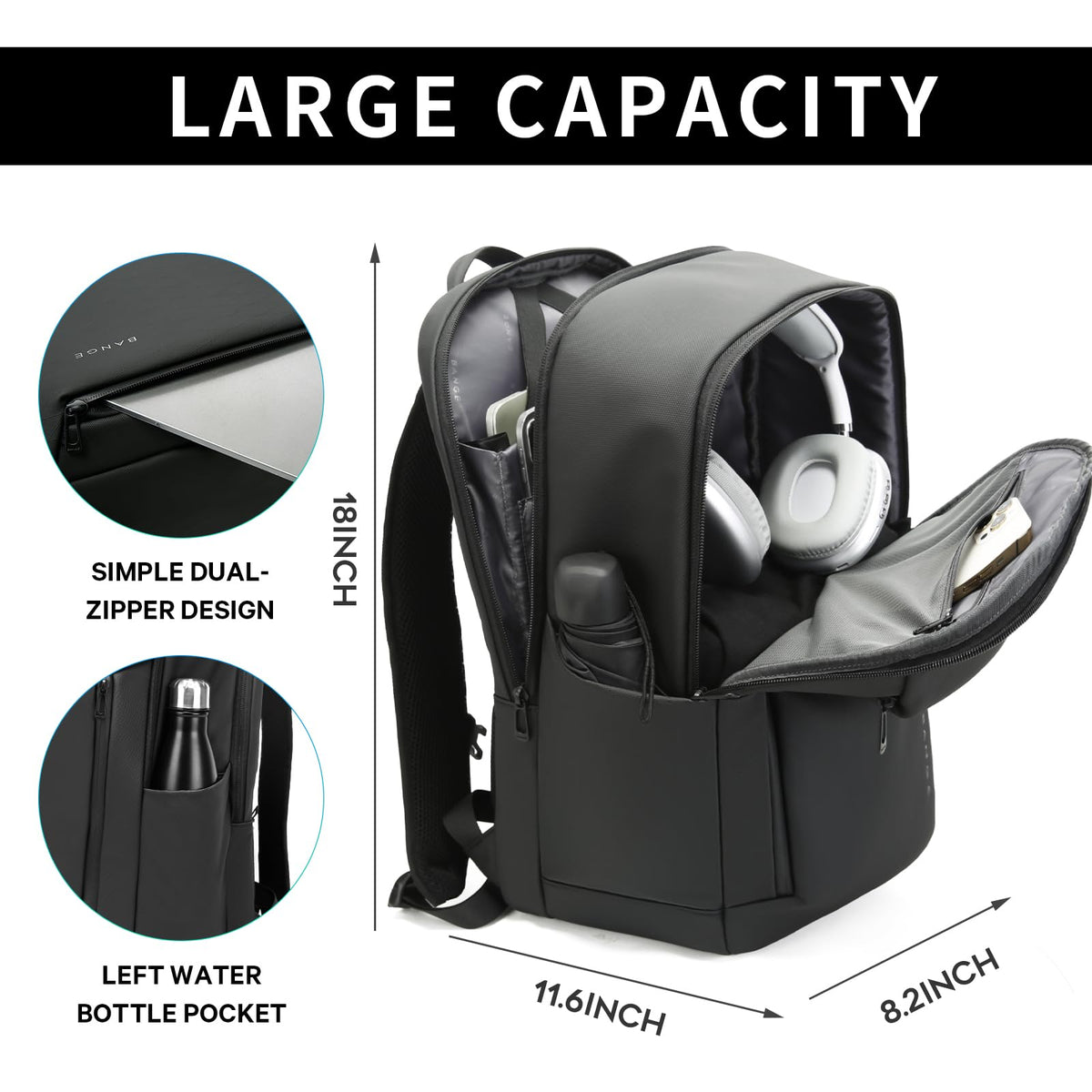 Red Lemon BANGE Venture 30L Laptop Backpack for Men & Women | Large Backpack with YKK Zippers | Water-Resistant, Durable Oxford & Nylon Fabric Fits 15.6" Laptops for Office & Travel (Black)
