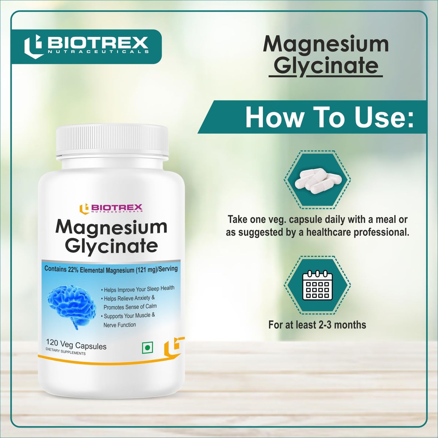 Biotrex Nutraceuticals Magnesium Glycinate | Highest Bioavailability | Cramps, Sleep & Mood balance | Chelated Form With Superior Absorption | Muscle Recovery & Nerve Function | 120 Veg Capsules