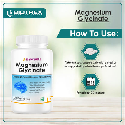 Biotrex Nutraceuticals Magnesium Glycinate | Highest Bioavailability | Cramps, Sleep & Mood balance | Chelated Form With Superior Absorption | Muscle Recovery & Nerve Function | 120 Veg Capsules