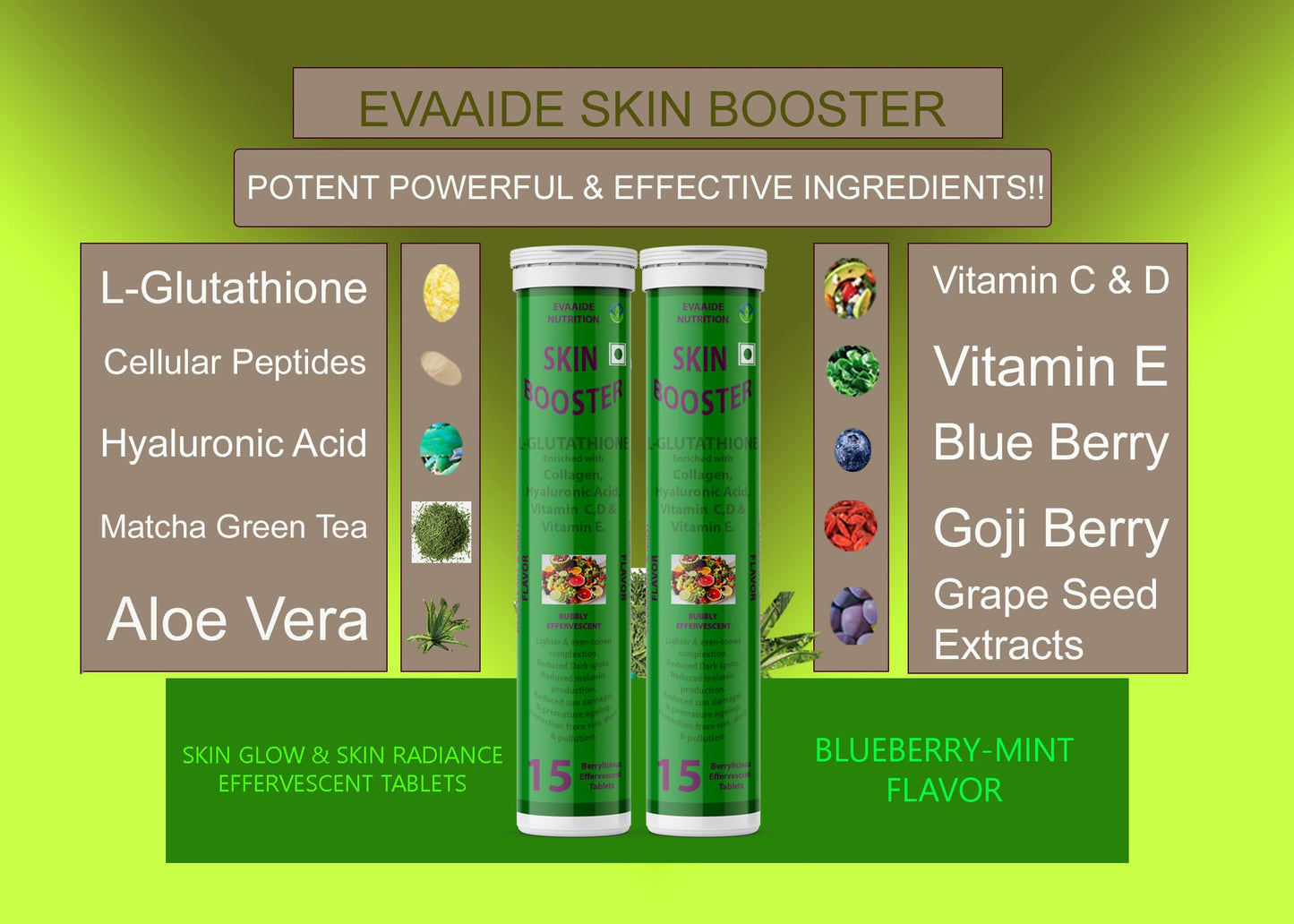 EVAAIDE Skin Booster | Collagen Builder, L-Glutathione, Hyaluronic Acid, Matcha Green Tea, Aloe Vera, Grape Seed, Vit E | Skin Radiance, Elasticity, Glow for Men & Women - 15 Tablets