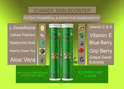 EVAAIDE Skin Booster | Collagen Builder, L-Glutathione, Hyaluronic Acid, Matcha Green Tea, Aloe Vera, Grape Seed, Vit E | Skin Radiance, Elasticity, Glow for Men & Women - 15 Tablets