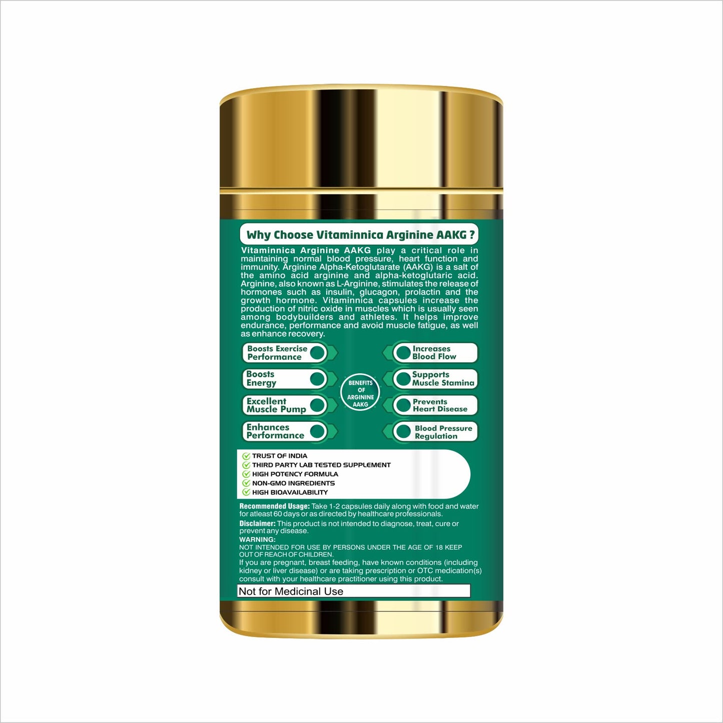 Vitaminnica L-Arginine AAKG Capsules – Amino Acid Supplement for Performance & Circulation Support, Vegetarian Formula, Non-GMO, 60 Veg Capsules