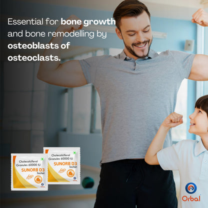 Orbal Vitamin D3 60000 IU - Cholecalciferol Vitamin D Supplement powder for Women & Men | Orange Flavour | Strong Bones | Calcium Absorption | Boosts Immunity | 20 Sachets,