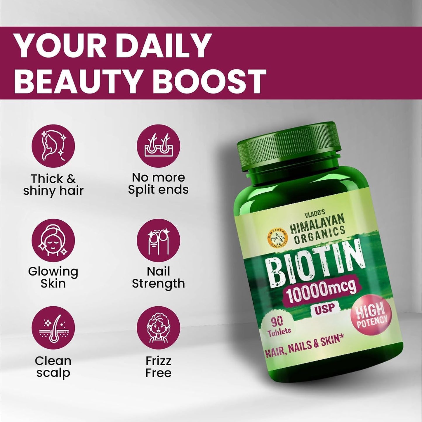 Vlado's Himalayan Organics Biotin10000Mcg For Biotin Supplement for Hair Growth, Glowing Skin & Strong Nails – | Supports Healthy Hair, Fights Hair Fall & Nail Brittleness | For Men & Women- 90 Tablets