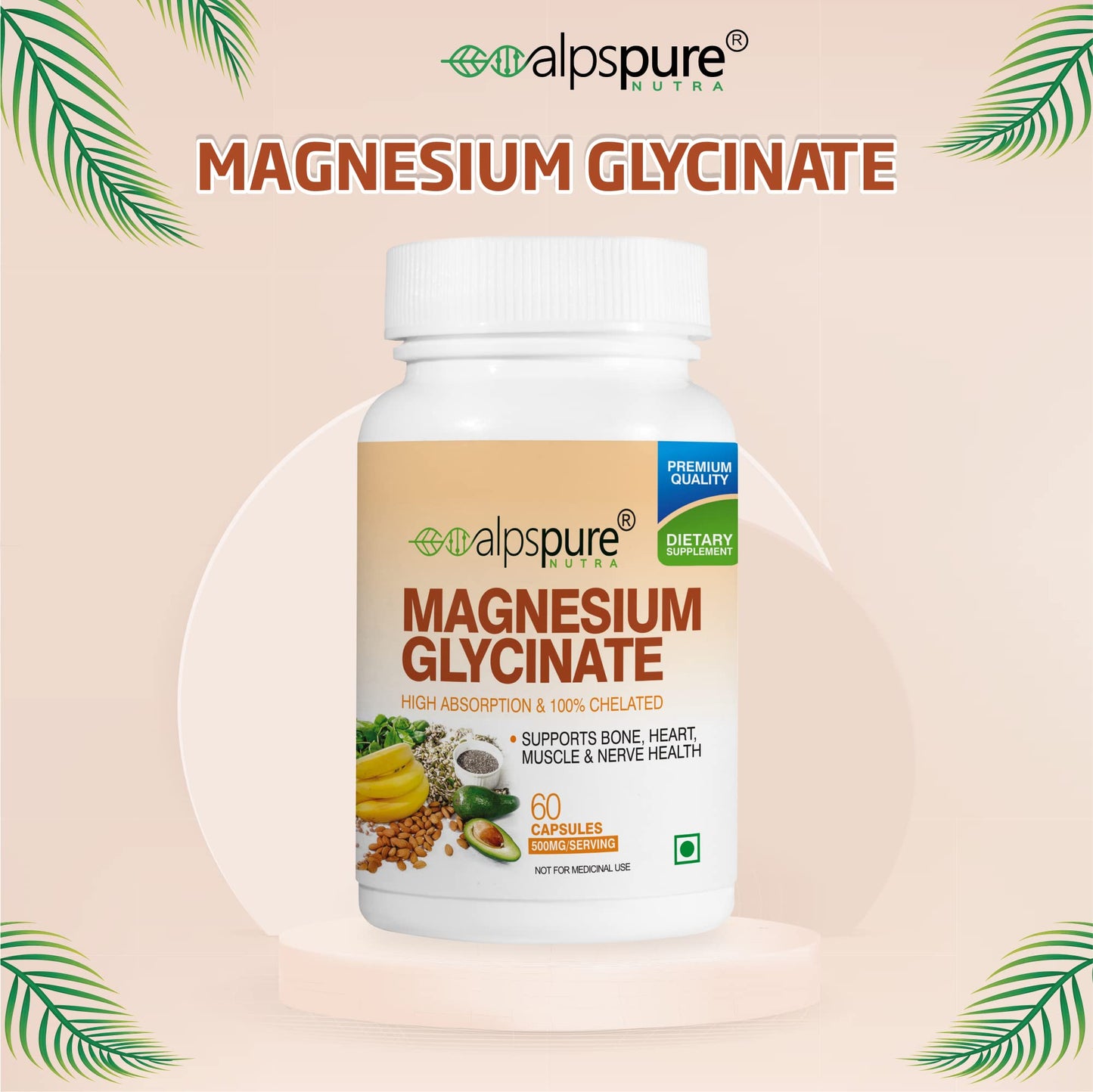 Alpspure Nutra Magnesium Glycinate | 60 Veg Capsules | High Absorption & Chelated Form | Better Sleep Quality | Improves Muscle & Nerve Function | Magnesium Supplement | Healthy Bones