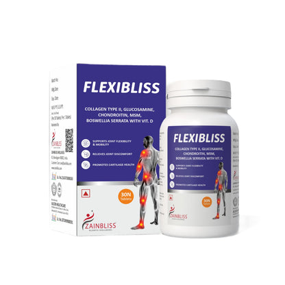 Zainbliss Flexibliss | Joint & Cartilage Support Tablets with Collagen Type-II, Glucosamine, Chondroitin, MSM, Boswellia Serrata | Promotes Joint Flexibility, Mobility & Strength | 30 Tablets Pack |