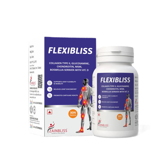 Zainbliss Flexibliss | Joint & Cartilage Support Tablets with Collagen Type-II, Glucosamine, Chondroitin, MSM, Boswellia Serrata | Promotes Joint Flexibility, Mobility & Strength | 30 Tablets Pack |