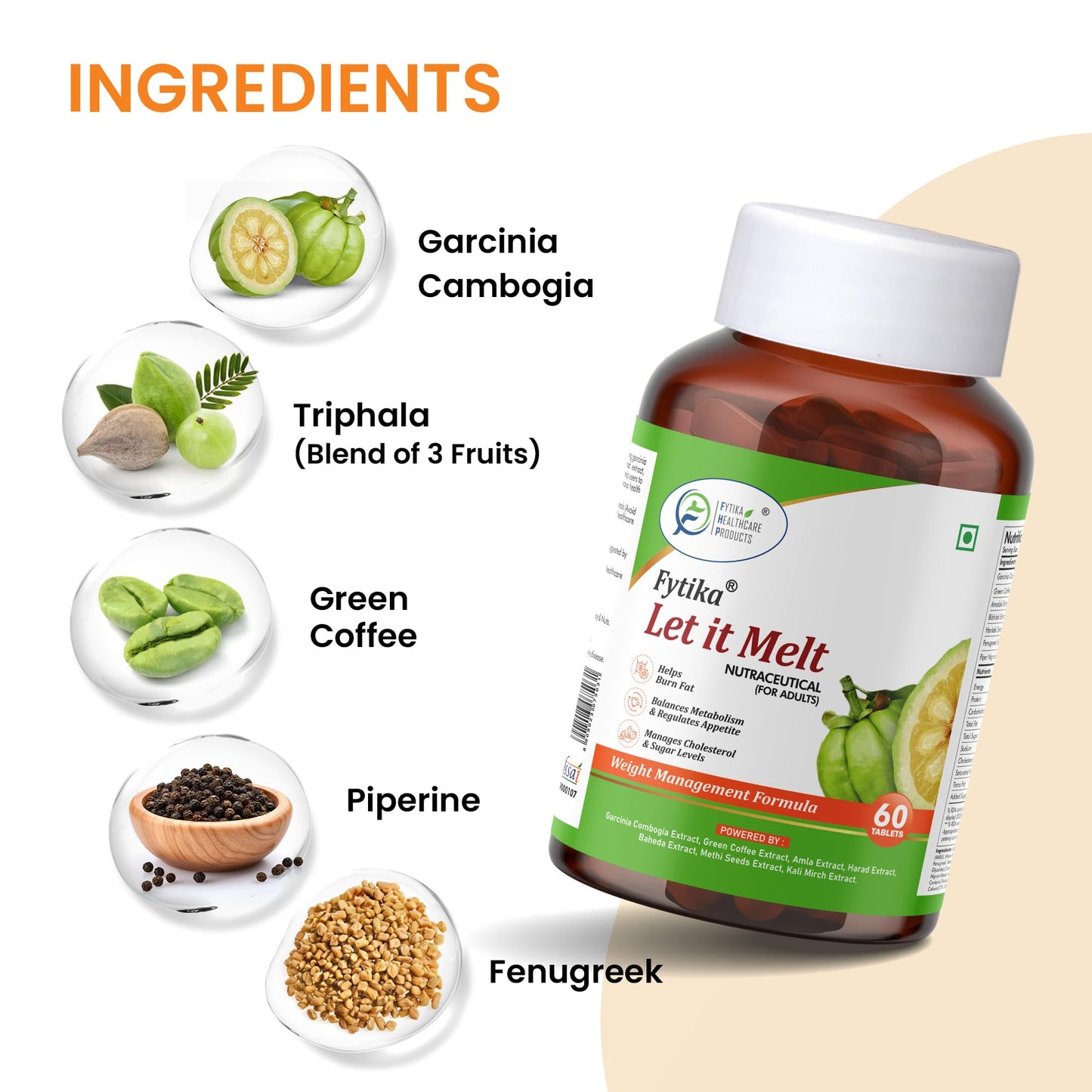 Fytika Let It Melt Fat Burner Tablets for Men and Women | Support Fat Burn, Metabolism Balance, Appetite Control & Energy Boost with Natural Extracts for Daily Wellness 60 Tablets