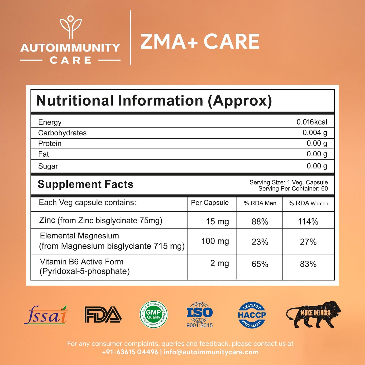 Autoimmunity care ZMA+ Care | Stronger Bones, Muscles, Heart Health, Brain, Sleep, Immune Support & Anxiety Relief Supplement for Men & Women | Zinc, Magnesium & Vitamin B6 l 60 Veg Capsules