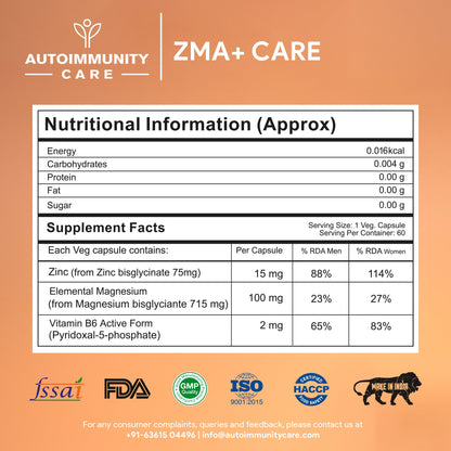 Autoimmunity care ZMA+ Care | Stronger Bones, Muscles, Heart Health, Brain, Sleep, Immune Support & Anxiety Relief Supplement for Men & Women | Zinc, Magnesium & Vitamin B6 l 60 Veg Capsules