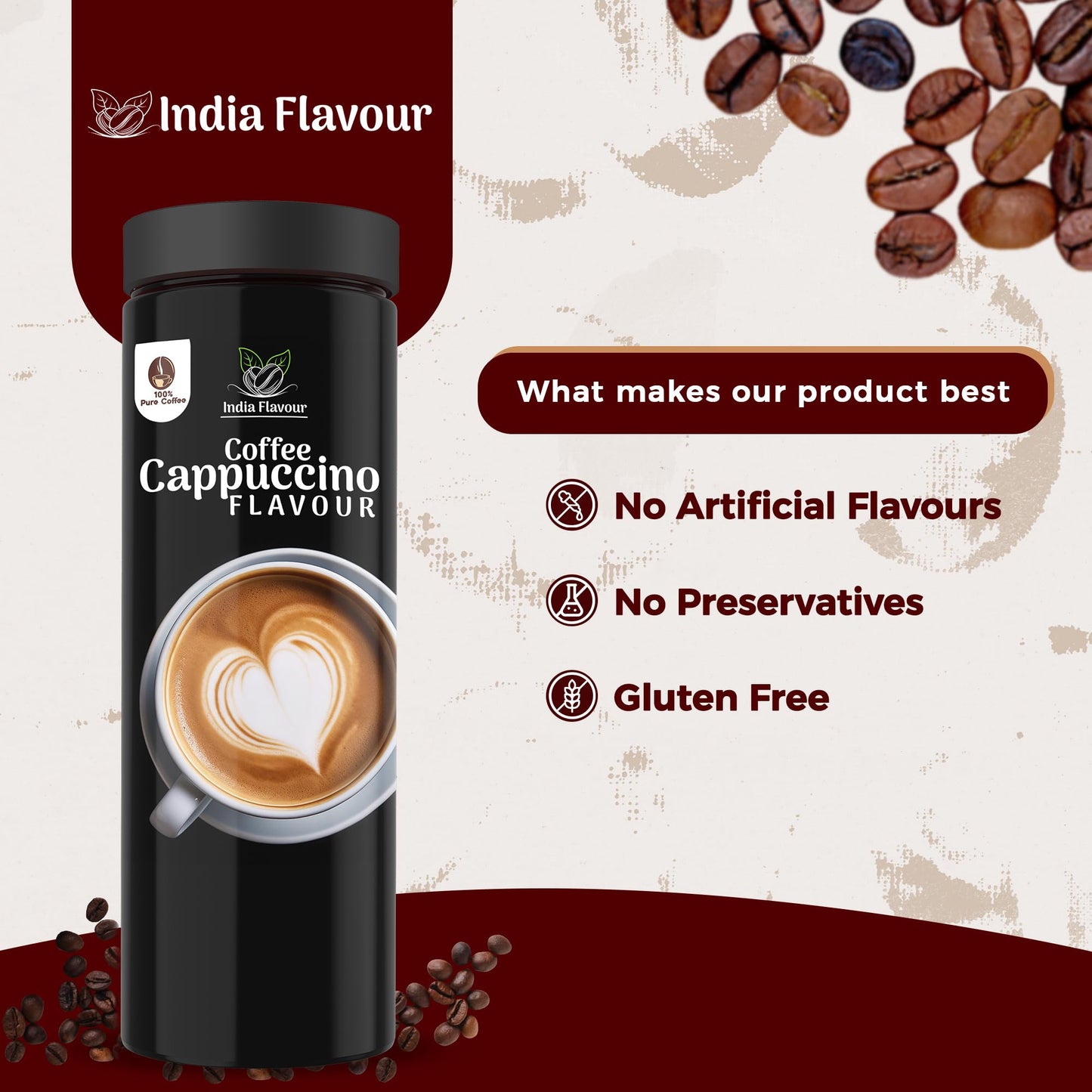 India Flavour Cappuccino Coffee|Creamy, Smooth Instant Coffee Powder Plastic Bottle|100 Gm Coffee, 50 Servings