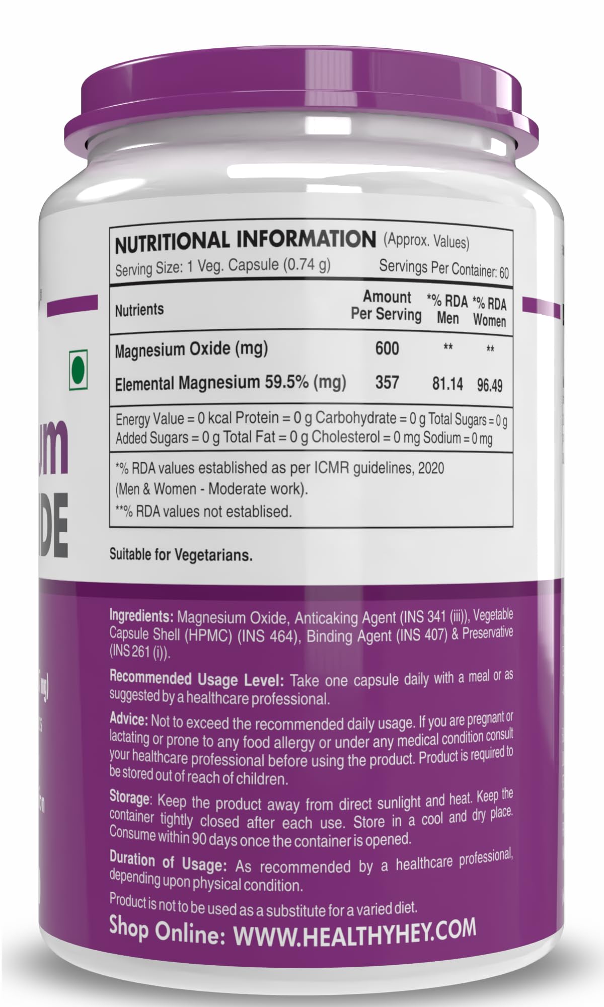 HealthyHey Nutrition Magnesium Oxide - 600mg/serving - 60 Vegetable Capsules