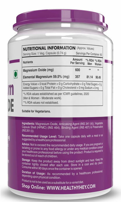 HealthyHey Nutrition Magnesium Oxide - 600mg/serving - 60 Vegetable Capsules