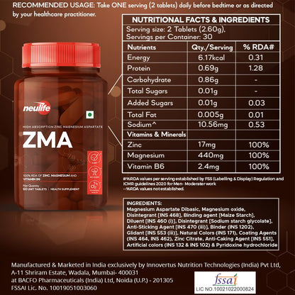 Neulife ZMA-Zinc + Magnesium + B6 for Recovery & all-round Health boost Tablets- (60Tabs)