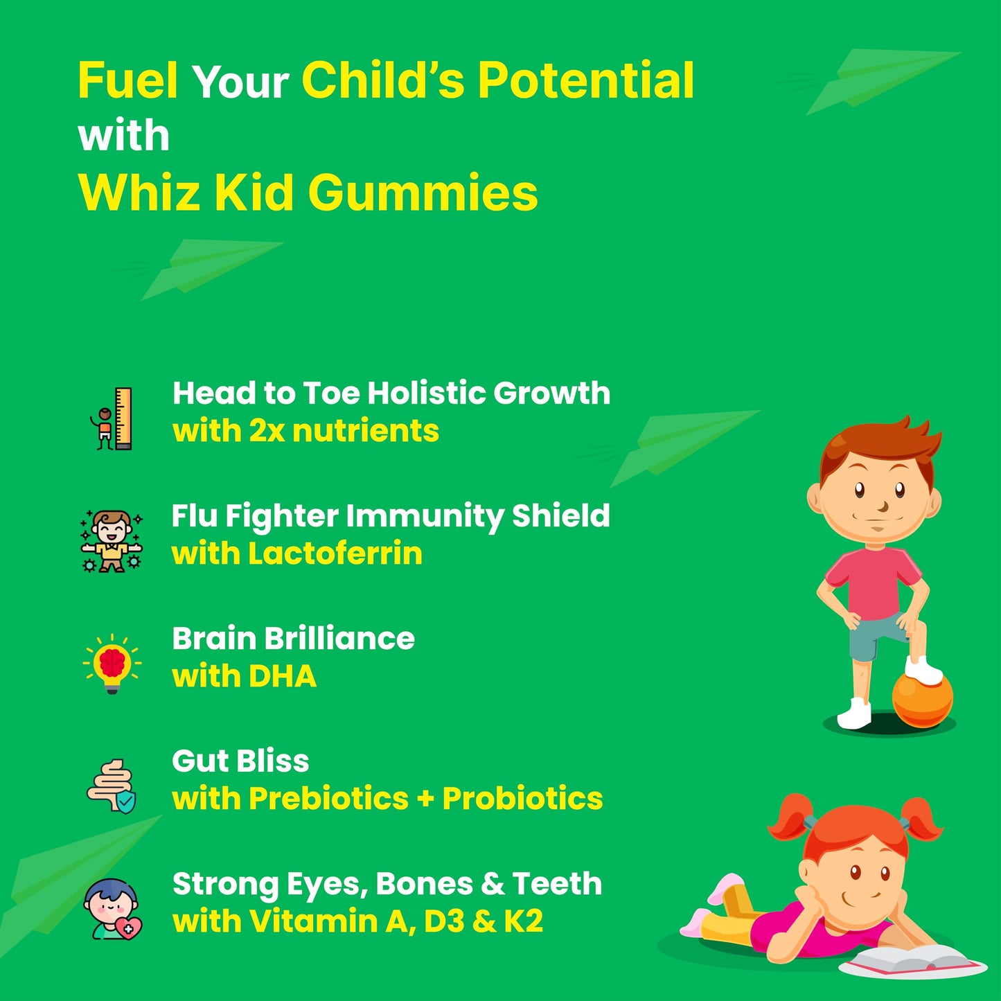 Lumy Whiz Kid MultiVitamin Gummies: Pre+Probiotic, DHA for Happy Gut, Bright Brains | Plant Vit D3 & Lactoferrin | Vit A,B,C, Zinc for Immunity, Vision & Bone Health | No Added Sugar, Veg | Age 7-15