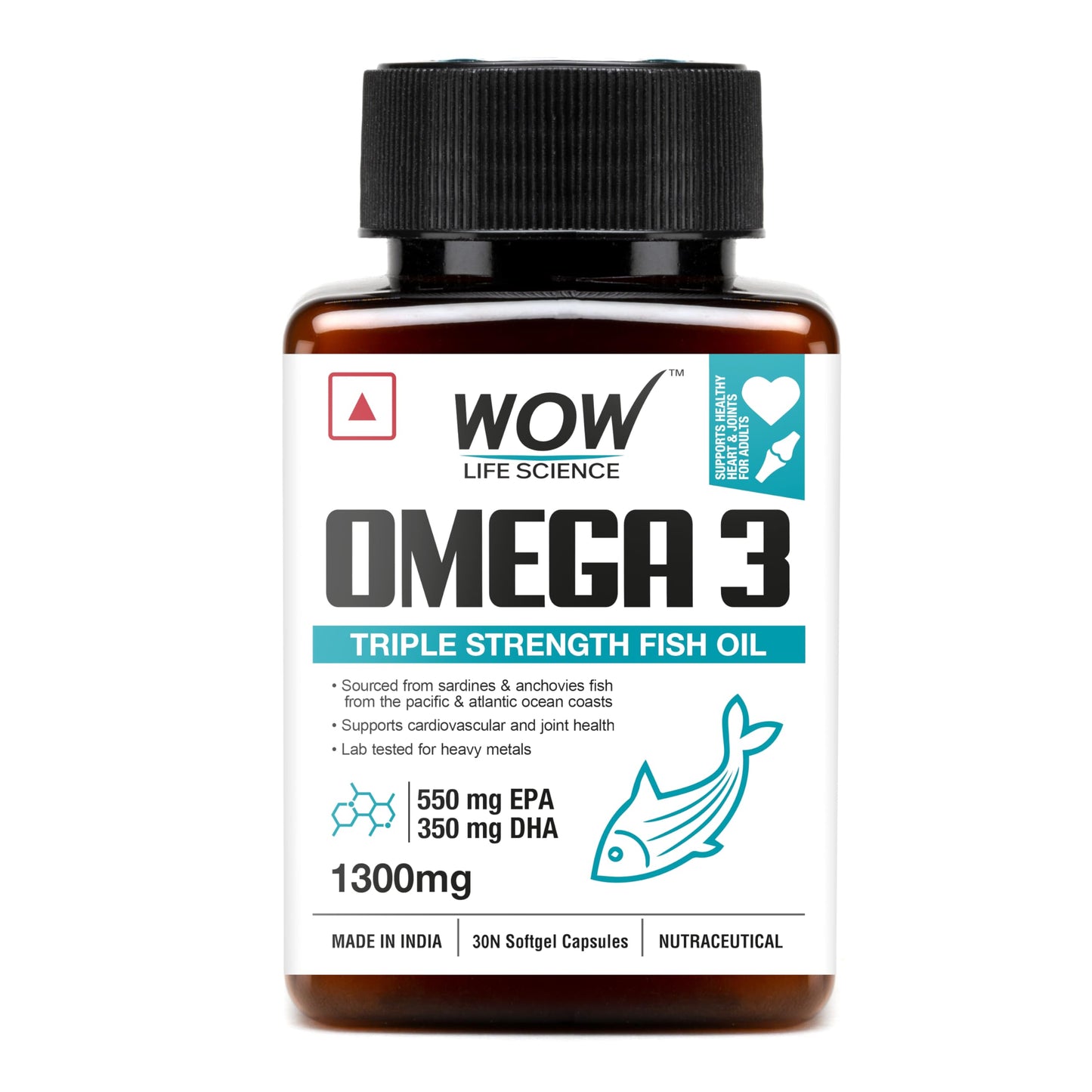 WOW Life Science Omega-3 Fish Oil 1300mg - 30 Capsules| For Men & Women | 3X Strength - 550 mg EPA & 350 mg DHA| For Muscle & Joint Support, Healthy Heart & Cognitive Support| No Fishy Burps