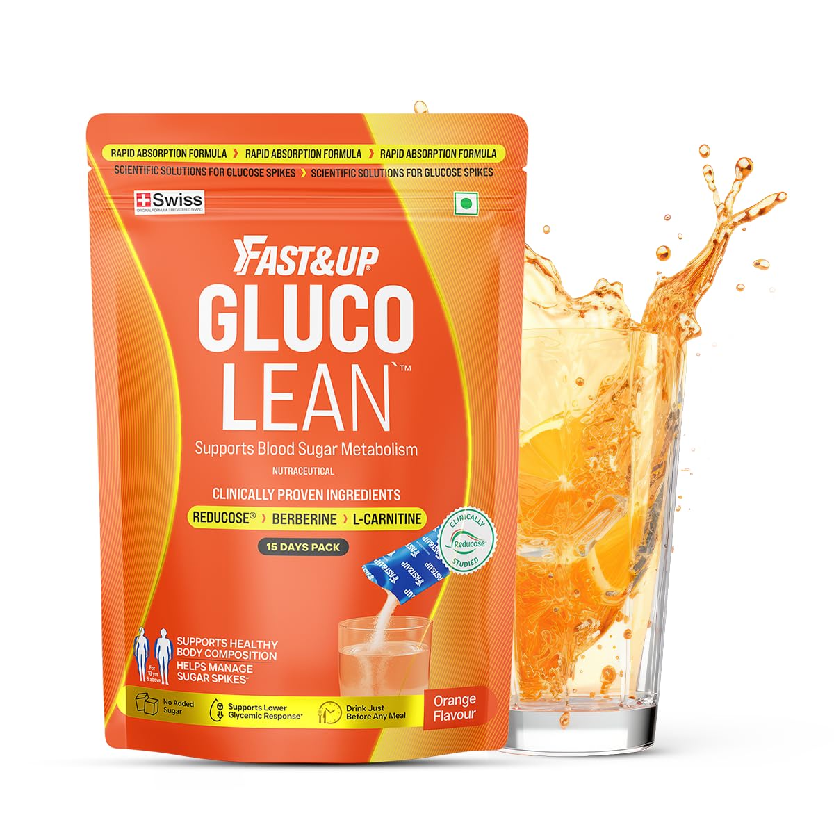 Fast&Up Glucolean GLP-1 Helps Manage Blood Sugar Levels Burns Stubborn Fat Diabetes Care with Clinically Proven Reducose, Berberine, L-Carnitine, ACV & Chromium - 15 Orange Stick Packs