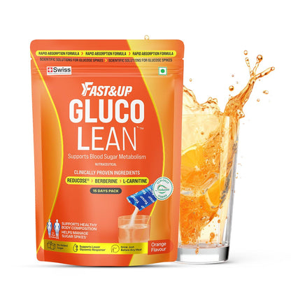 Fast&Up Glucolean GLP-1 Helps Manage Blood Sugar Levels Burns Stubborn Fat Diabetes Care with Clinically Proven Reducose, Berberine, L-Carnitine, ACV & Chromium - 15 Orange Stick Packs