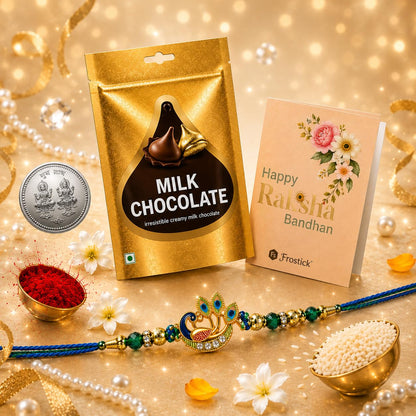 Frostick Rakhi and Chocolate Combo for Brother Includes Elegant Peacock Rakhi Set of 1 with Sweet Chocolates Thoughtful Gift Set for Raksha Bandhan Festival