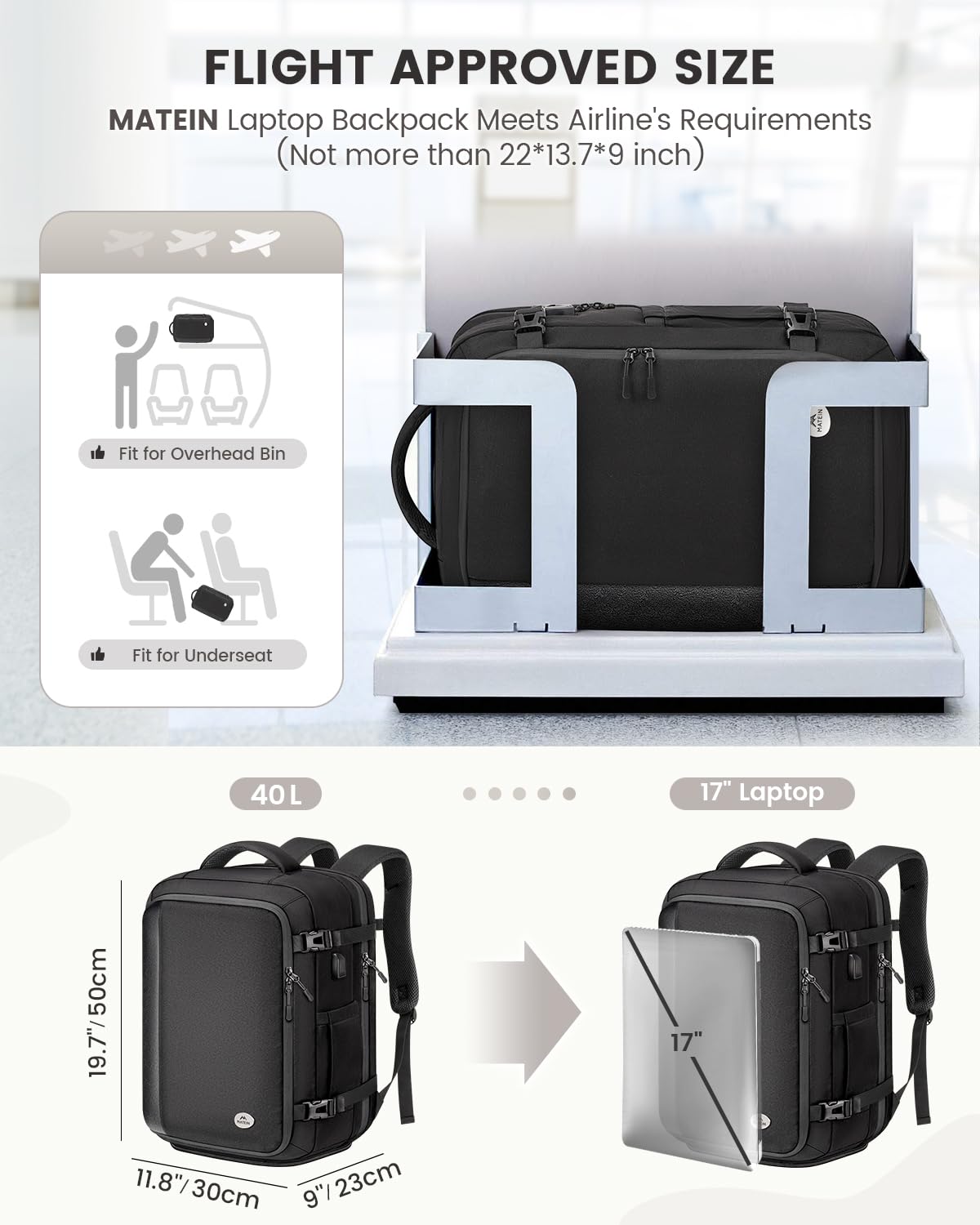 MATEIN Travel Backpack with Shoe Compartment for Men, 17 Inch Underseat- image 8