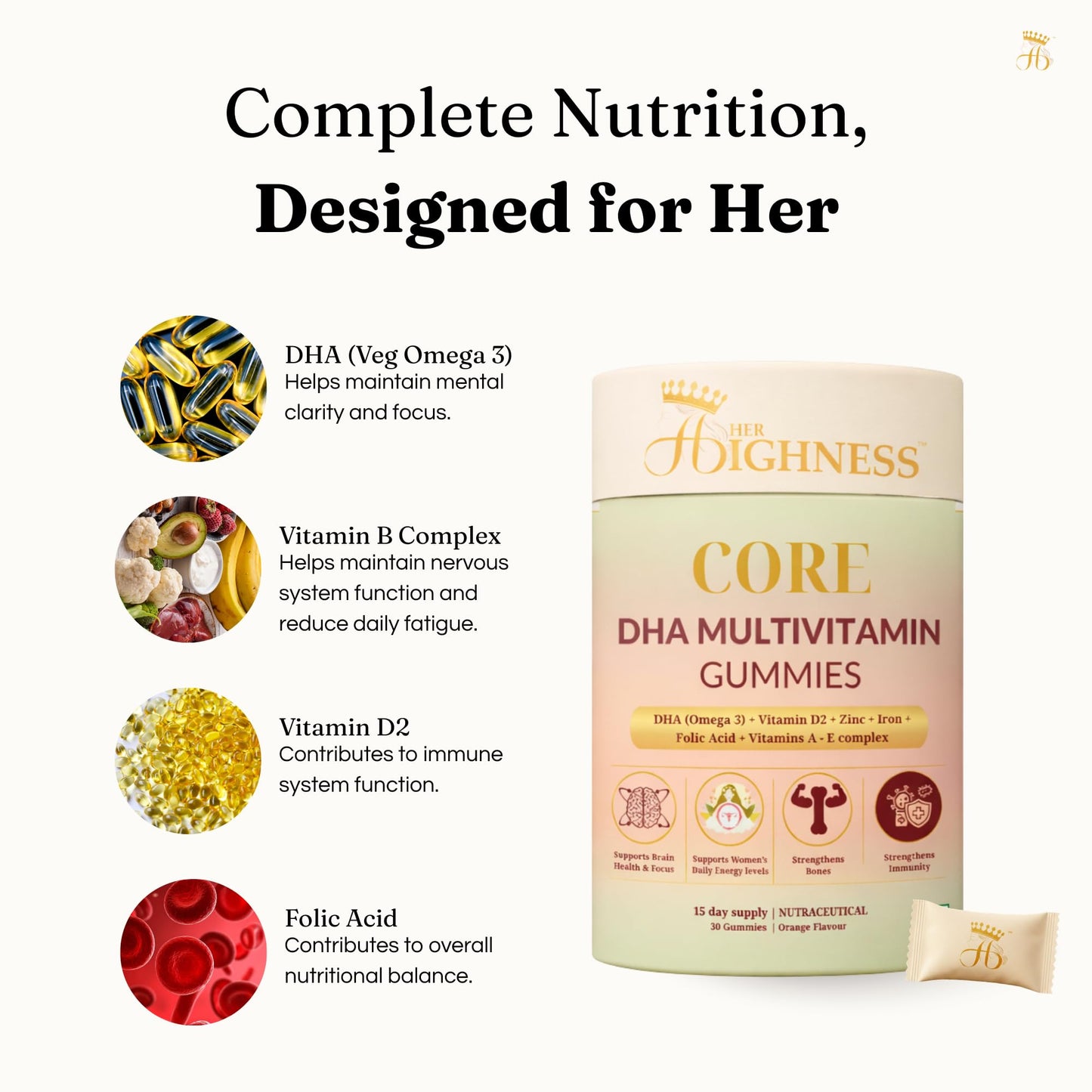Her Highness CORE DHA Multivitamin Gummies for Women | 30 Gummies | Veg Omega 3 DHA, Vitamin B Complex, Vitamins A, C, D2, E, Zinc, Iron, Folic Acid | Brain Health, Focus, Energy, Bone Strength & Immunity Support | No Added Sugar | No Added Preservatives
