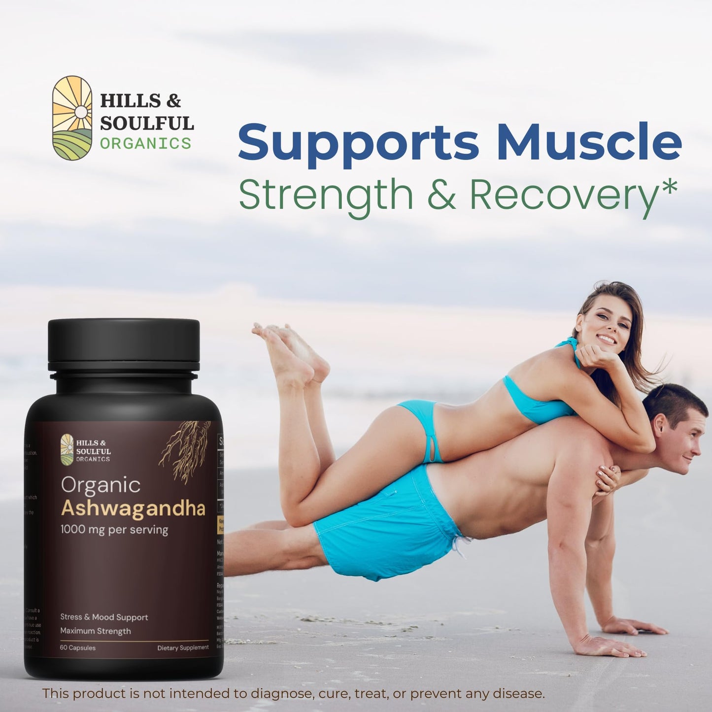 Hills and Soulful Organics Ashwagandha Capsules 1000mg per Serving | High Strength Ashwagandha Root Powder Supplement | Supports Stress Management, Energy & Stamina | Adaptogen for Men & Women | 60 Veg Capsules