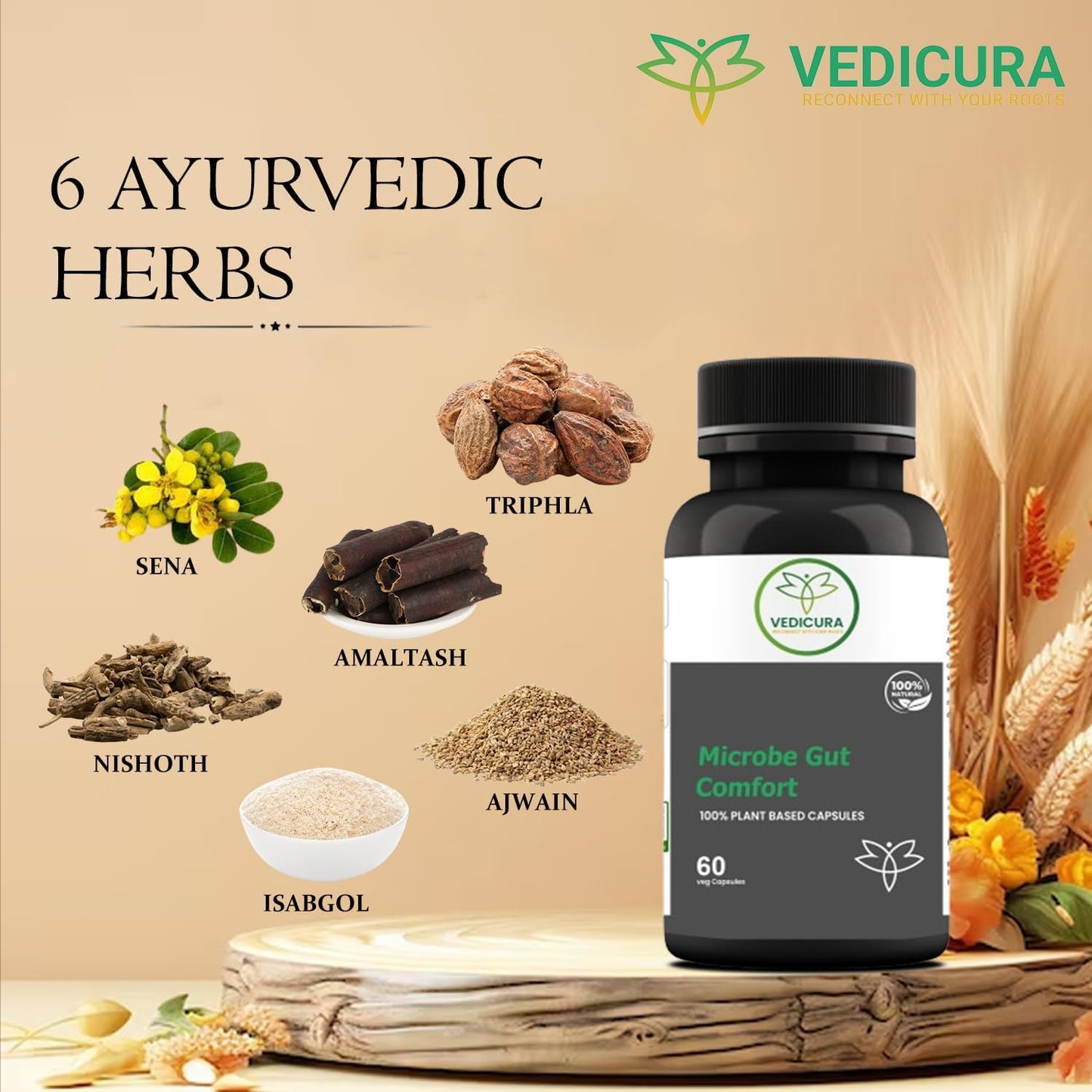 Vedicura Microbe Gut Comfort: Digestive Wellness Support with Ayurvedic Herbs - Sena, Triphala, Amaltash Blend for Men & Women - 60 Caps