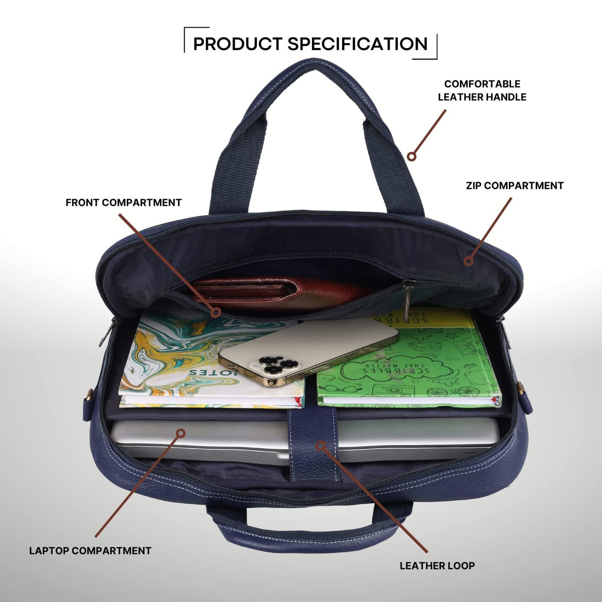WildHorn Leather Laptop Messenger Bag for Men I Fits Upto 15.6 Inch Laptop/MacBook I Padded Laptop Compartment I Carry Handles with Adjustable Strap I DIMENSION : L-16 inch W-3 inch H-12 inch (Navy)