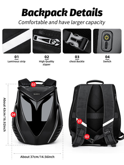 Gelrova Owl Eyes Motorcycle LED Backpack - 22L Expandable, Hardshell APP-Controlled LED Display Cyberpack, Fits 15.6" Laptop, Battery not included