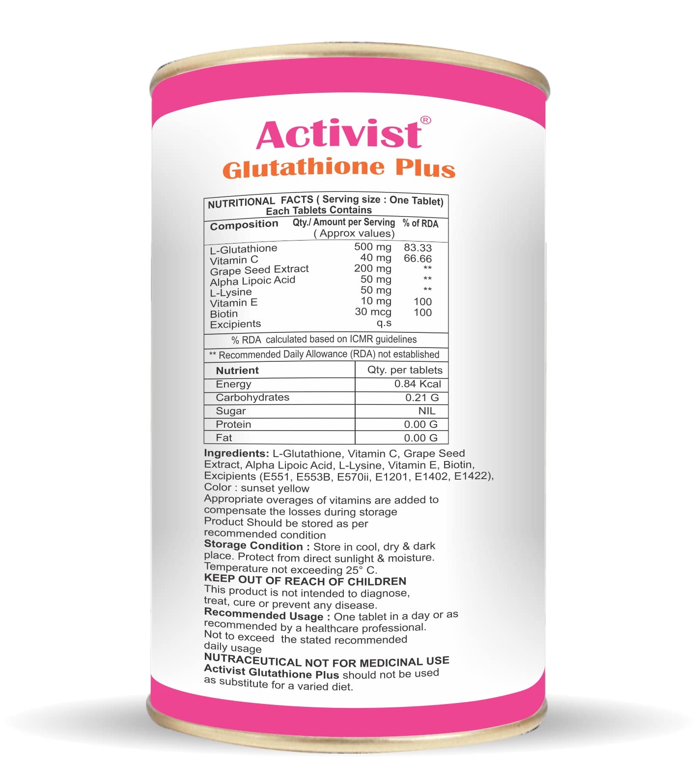 Activist Glutathione plus Tablet – Glutathione, Vitamin C, Vitamin E & Biotin Tablet, (60 Tablets)