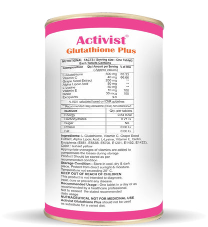 Activist Glutathione plus Tablet – Glutathione, Vitamin C, Vitamin E & Biotin Tablet, (60 Tablets)