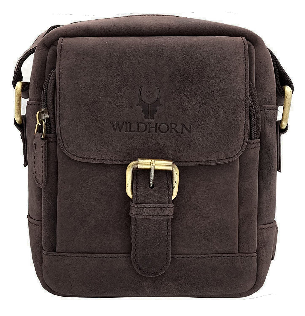 WildHorn Genuine Leather Mini Sling Bag for Men | Compact, Durable & Stylish | Buckle Closure | Front Zip Pocket | 1-Year Warranty