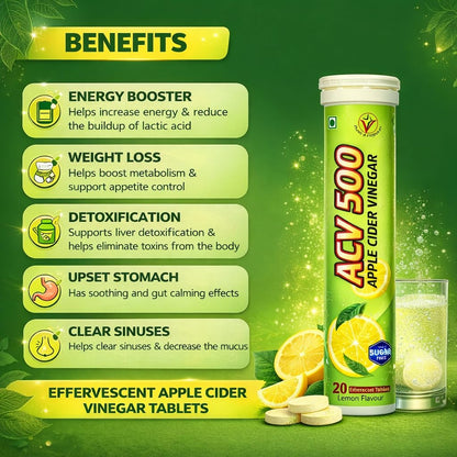 Virgo Healthcare Apple Cider Vinegar Effervescent Tablets ACV 500mg, Lemon Flavour | Instant Fizzy ACV Drink for Digestion, Gut Health, Detox & Weight Management | 20 Tablets