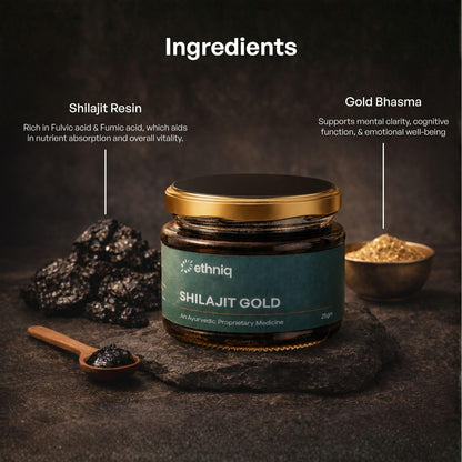 Ethniq Himalayan Shilajit Gold Resin 25g with Swarna Bhasma | 250mg/Serving | 100 Servings | Supports Energy, Strength, Stamina & Vitality | Lab Tested | AYUSH Approved | 75%+ Fulvic Acid & 80+ Minerals