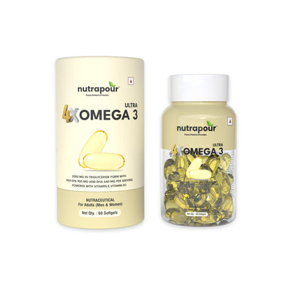 Nutrapour Ultra 4X Omega 3 Fish Oil 2000mg | 900mg EPA & 640mg DHA | Triglyceride Form Omega 3 with Vitamin D3 & E | Burpless Fish Oil Capsules for Heart, Brain & Joint Support | 60 Softgels