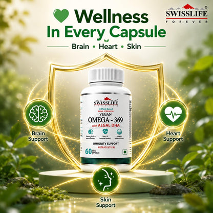 SwissLife Forever Plant Based Vegan Omega 3 6 9 with Algal DHA | Support Brain, Nerve, Heart & Immune Health | Healthy Skin for Men & Women (60 Capsules)