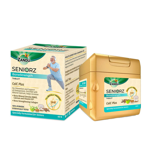 Zandu Seniorz BoneStrength Tablet, 60 Tablet, Clinically proven to Help Increase Bone Mineral Density & Collagen, Rich in Natural Calcium, Vitamin D3 | with Hadjod