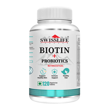 SWISSLIFE FOREVER Biotin with Probiotics (120 Veg Tablets) | Vitamin A,C,E,B1,B2,B3,B5,B6,B9,B12 | for Long & Thick Hair Growth | Glowing Skin & Longer Nails for Men & Women