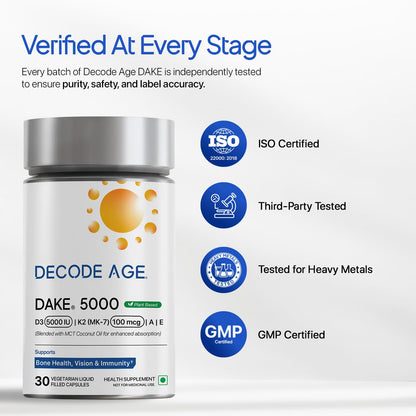Decode Age DAKE 5000 IU | Vitamin D3 K2 Supplement with Vitamins E & A in MCT Oil for Bone, Immune, Heart and Vision Support | Vegan Capsules | 1 Month Supply