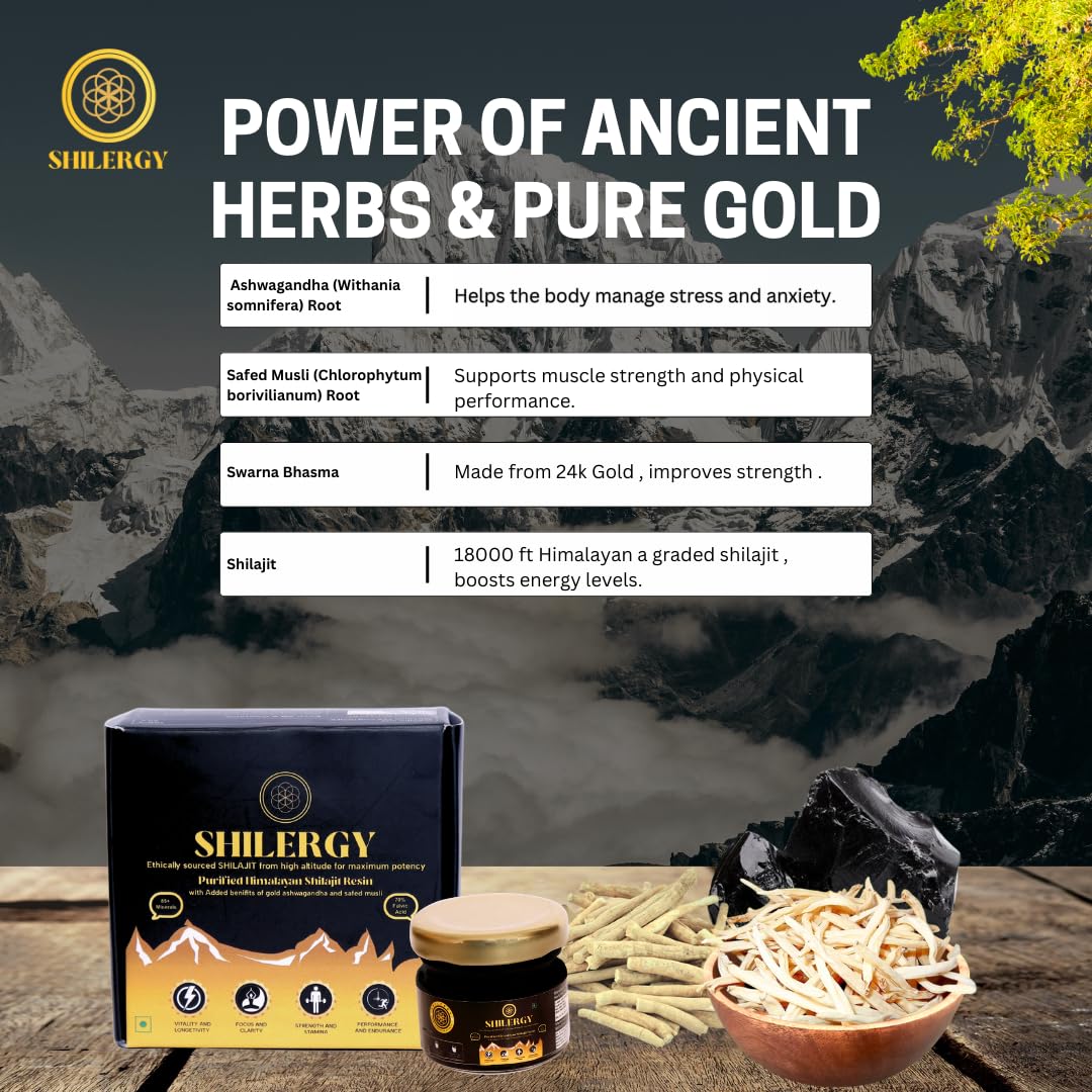 SHILERGY Shilajit/Shilajeet Gold Resin - 20g | Boost Energy, Muscle Growth & Stamina | Ayurvedic & Infused with Ashwagandha, Safed Musli with 24 Carat Gold Aurum. (20 g (Pack of 1))