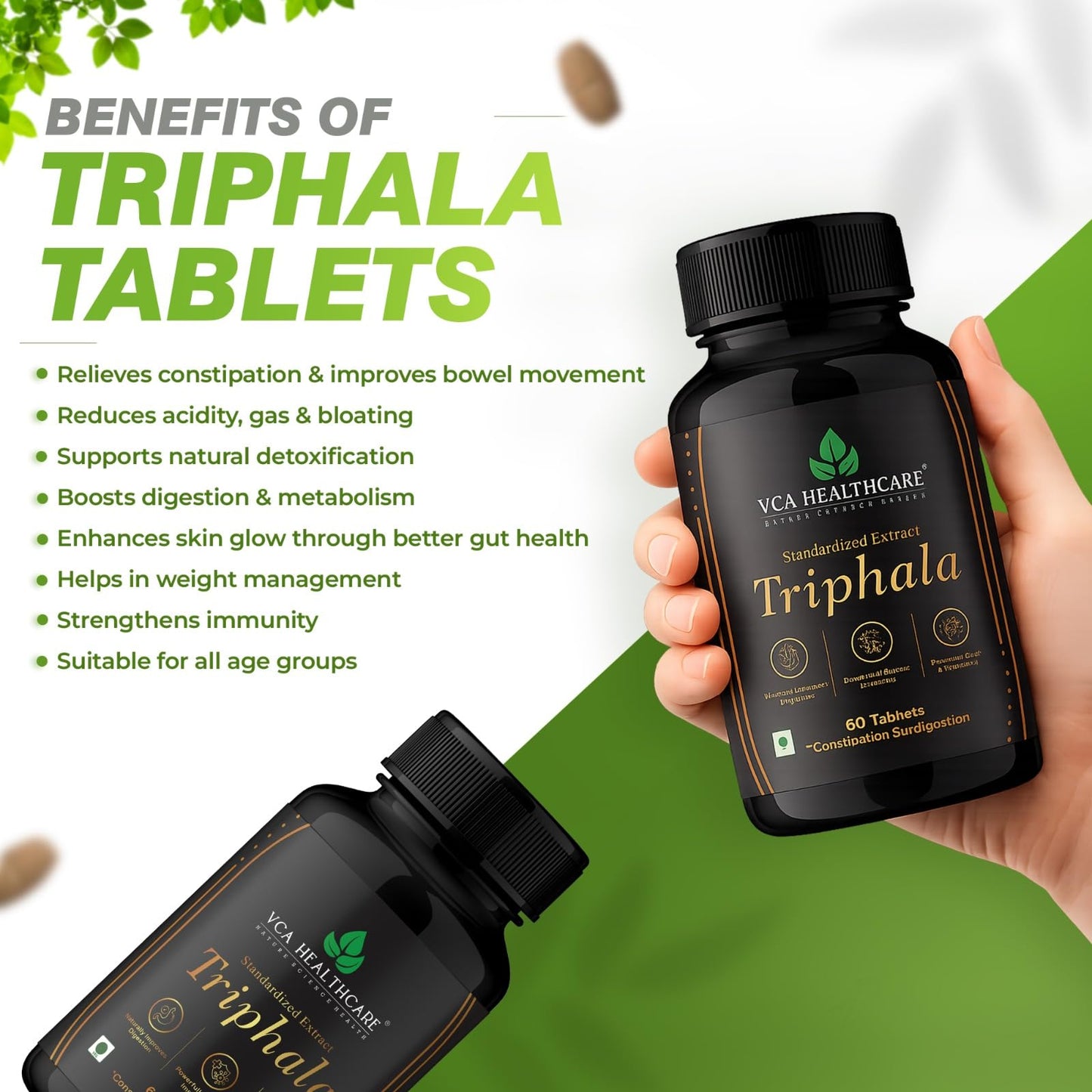 VCA Healthcare Triphala Extract Tablets | Ayurvedic Herbal Supplement for Digestive & Detox Support | Gut Health & Constipation Support | Natural Cleanse and Metabolism Support (Pack of 1)