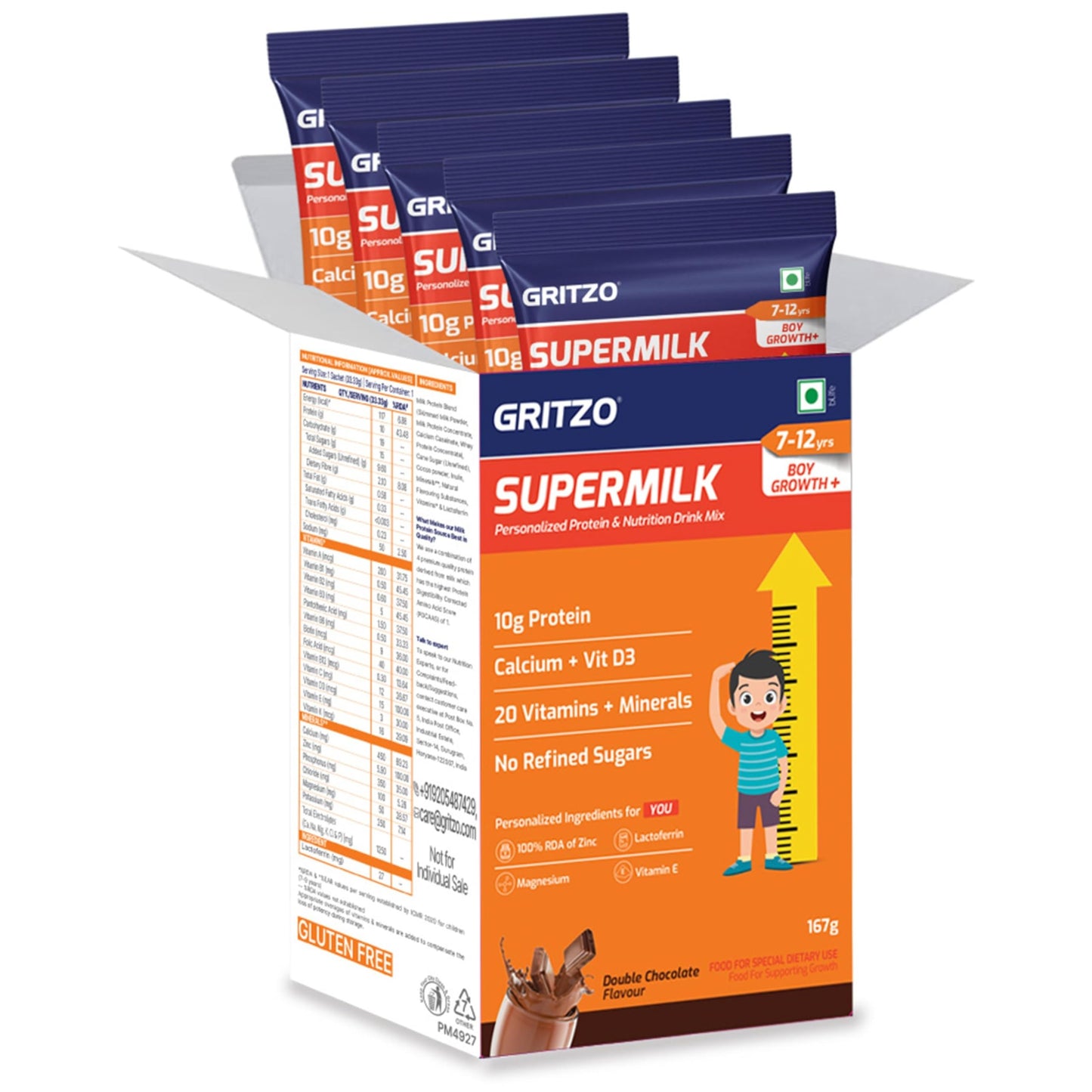 Gritzo SuperMilk Growth+ (7-12y Boys), 10g Protein Powder per Sachet, Double Chocolate, 5 Sachets (33.3g each) | Travel Pack | Zero Refined Sugar