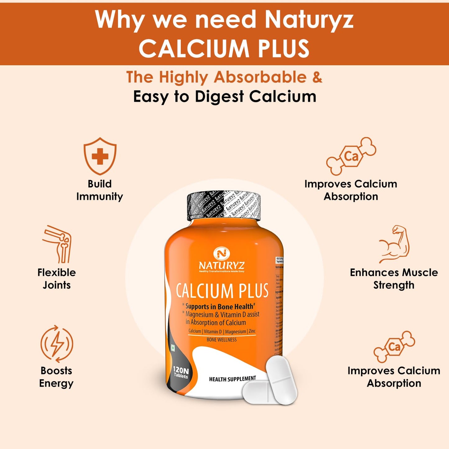 NATURYZ 100% Plant Based Biotin Tablets with High Protein Vitamin DHT Omega 3 for Strong Hairs Nails Growth Glowing Skin & Calcium Plus with Vitamin D Magnesium Zinc Supplement for Bone Health