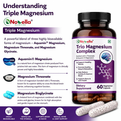 Novella Magnesium Complex – Triple Magnesium Formula with glycinate,Citrate & L-Threonate, Supports Muscles Recovery & Cramp,Better Sleep & Bone Strength – 60 Veg Capsules