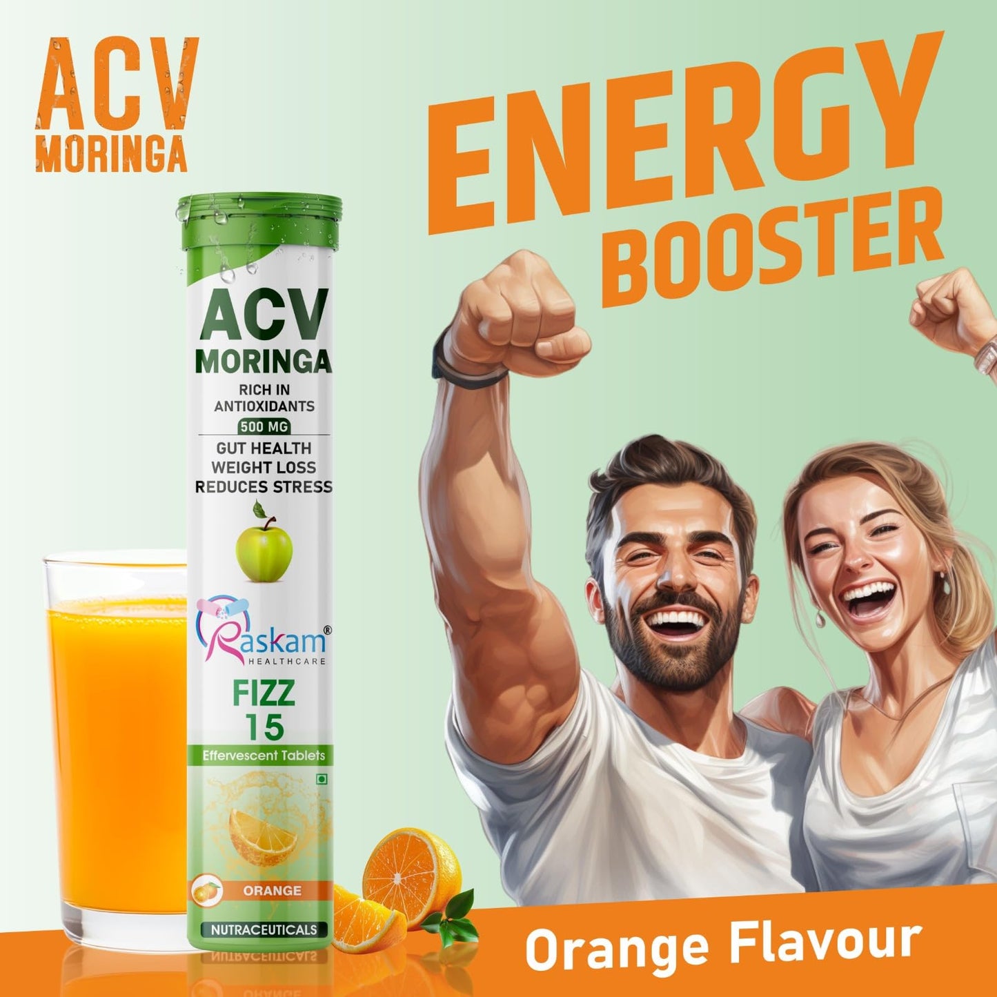 Raskam ACV Moringa 500mg Effervescent Tablets – Orange, 15 Tablets x 3, Pack of 3