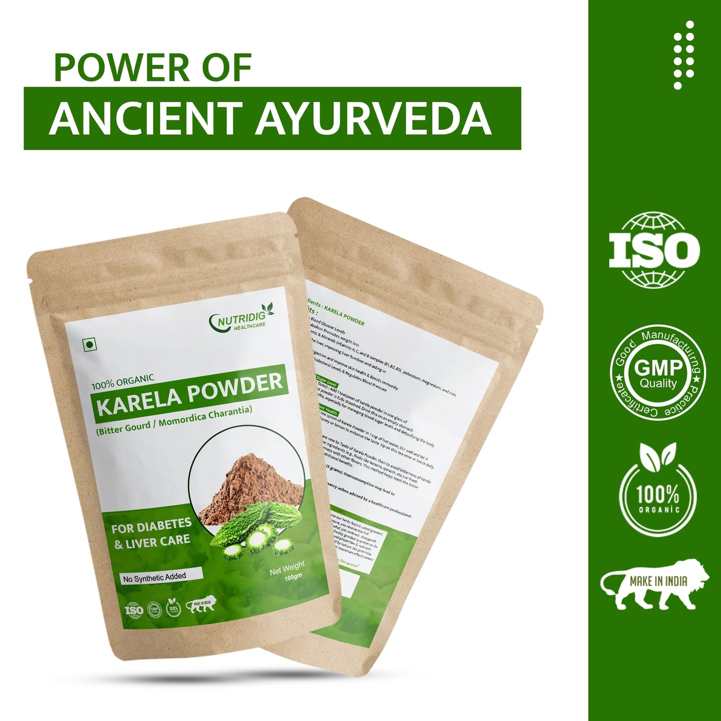 Nutridig Healthcare 100% Natural Karela (Bitter Gourd) Powder, 100gm, Cleanses Liver & Managed Blood Sugar Level | Rich in Antioxidants, Vitamins and Minerals - Diabetes Care Powder